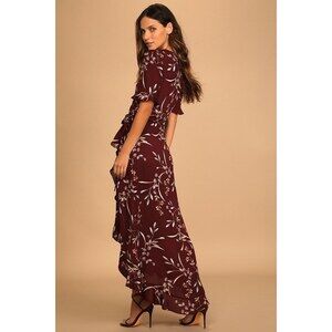 Lulus Wild Winds Burgundy Floral Print High-low Wrap Dress Purple - Size M